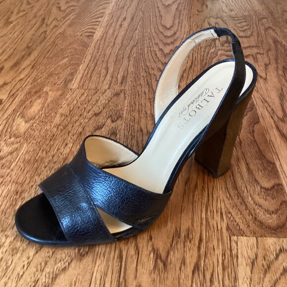 TALBOTS BLACK LEATHER SLING BACK WOOD HEELS SIZE 8 W PARTY CONTEMPORARY CLASSIC - Picture 1 of 8